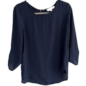 Hippie Rose Blouse Large Navy Roll Tab 3/4 Sleeve Lightweight Back Zipper Career